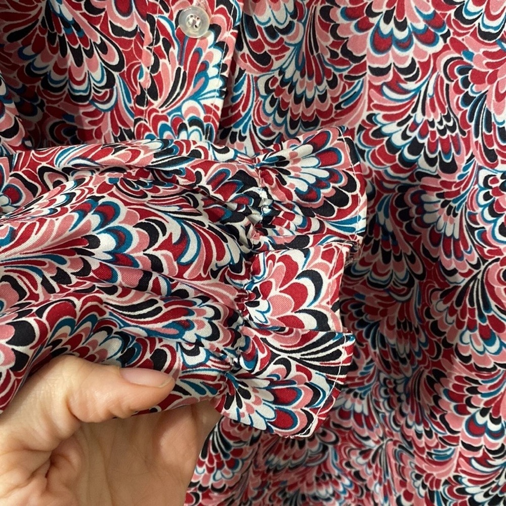 Lucky Winner Vintage Ruffle High‎ Neck Blouse Womens Size L Red Pink Psychedelic - Picture 3 of 6